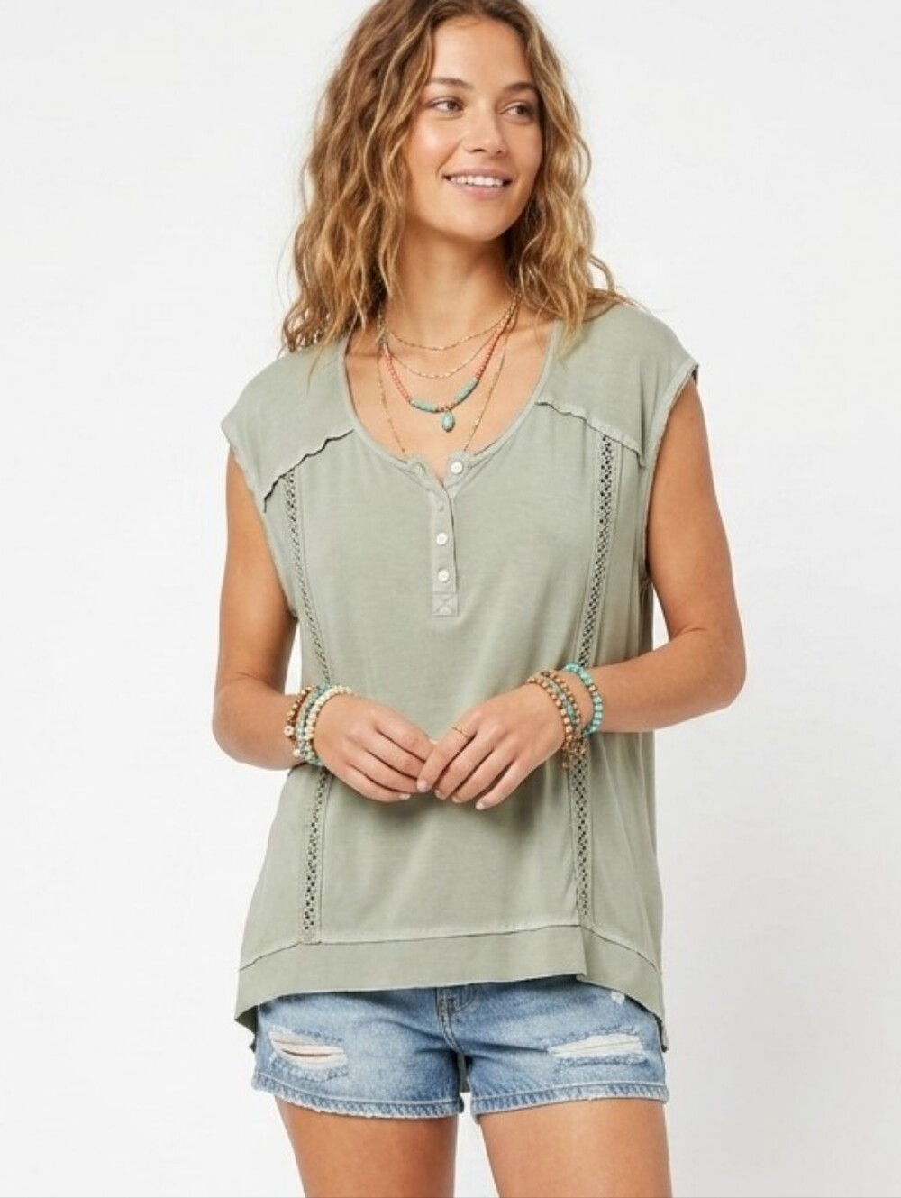 POL Sage Green Sleeveless Henley Top Size Large High Low Lace Trim Boho